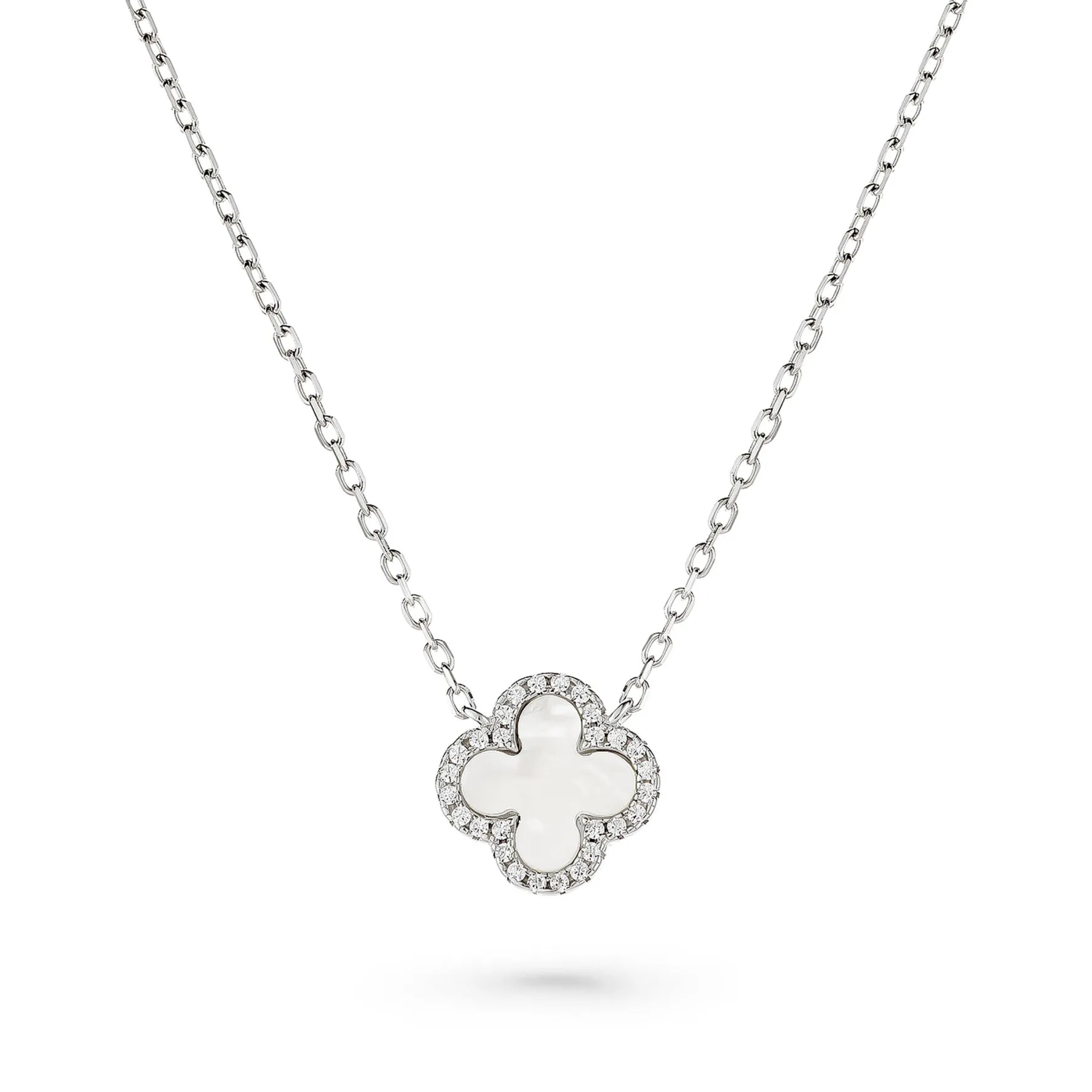 Beaverbrooks Silver Cubic Zirconia and Mother of Pearl Clover Necklace