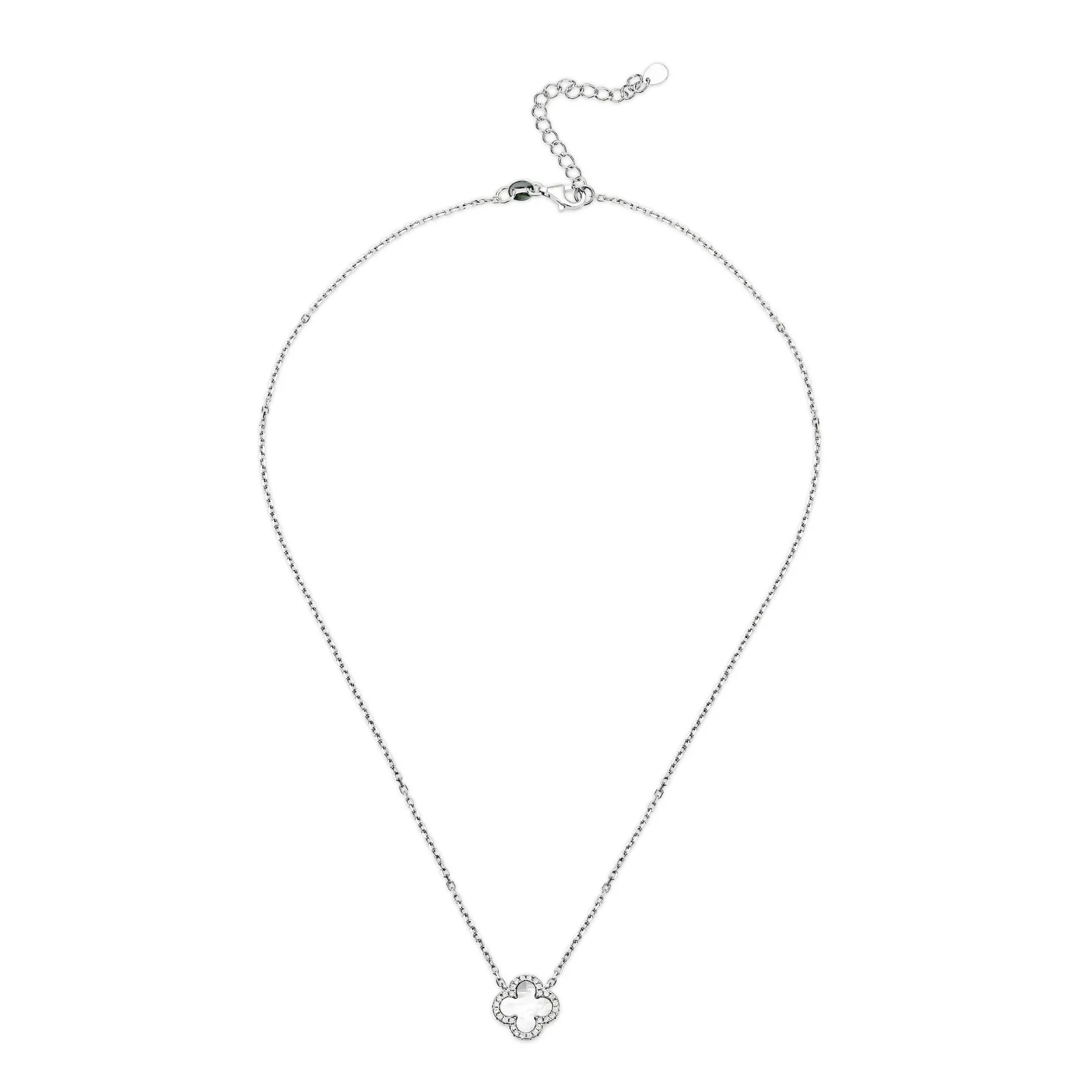 Beaverbrooks Silver Cubic Zirconia and Mother of Pearl Clover Necklace