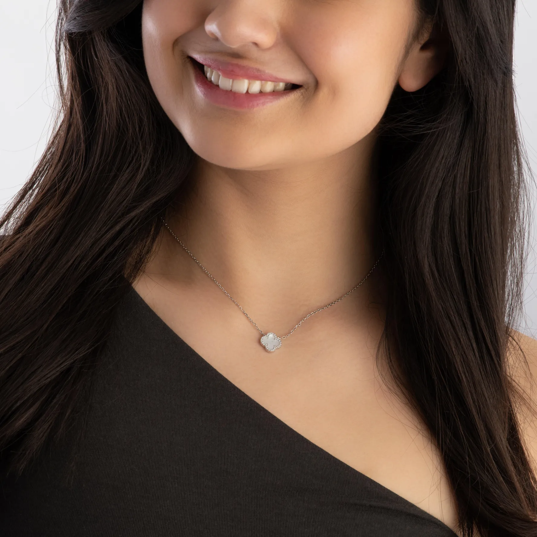 Beaverbrooks Silver Cubic Zirconia and Mother of Pearl Clover Necklace