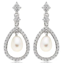 Beaverbrooks Silver Cubic Zirconia Freshwater Cultured Pearl Drop Earrings