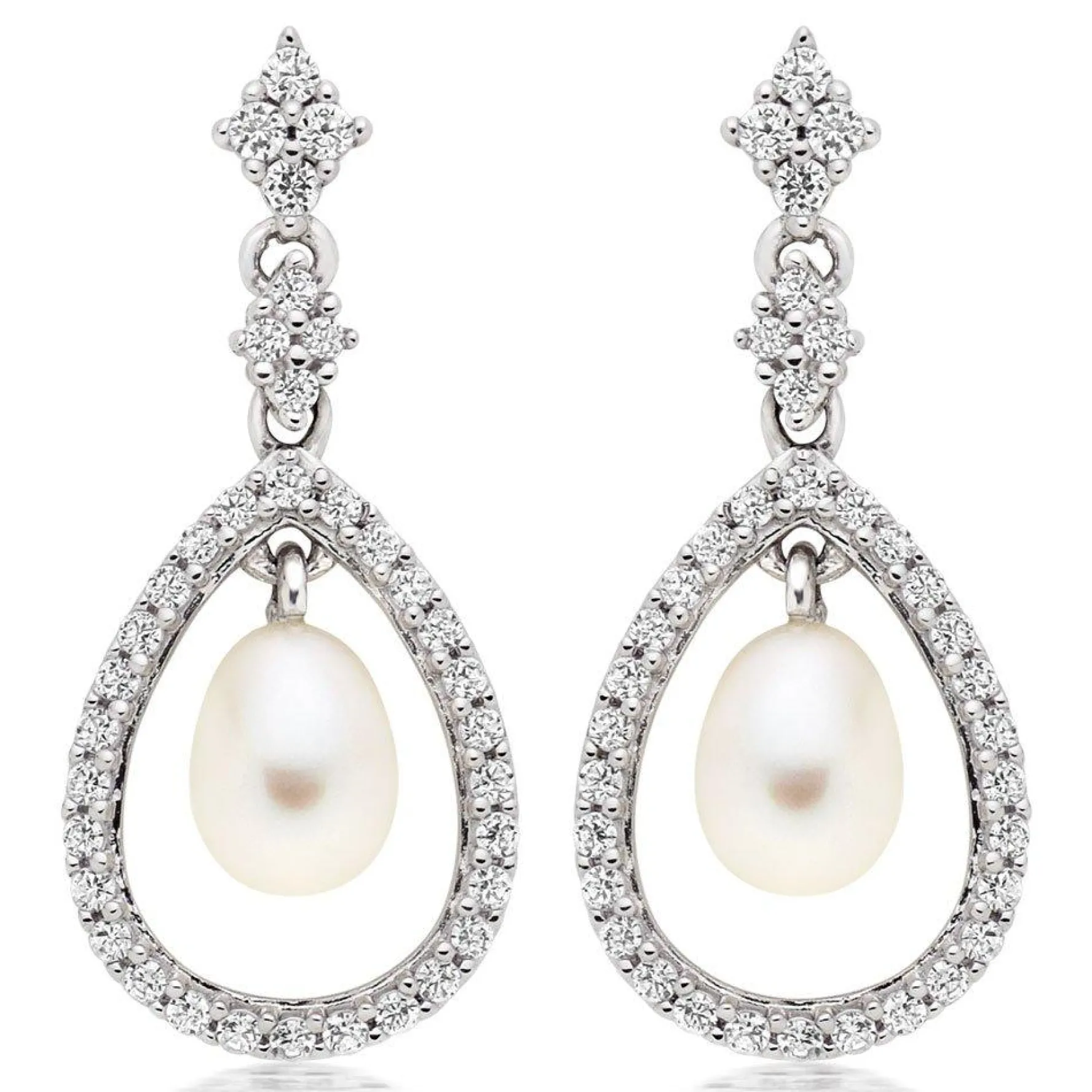 Beaverbrooks Silver Cubic Zirconia Freshwater Cultured Pearl Drop Earrings