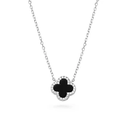 Beaverbrooks Silver Cubic Zirconia Onyx Clover Necklace