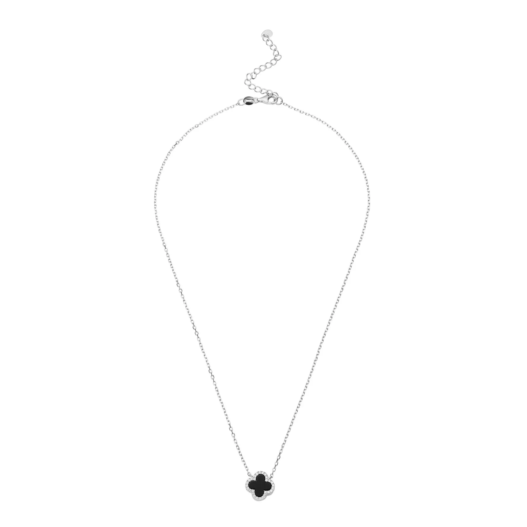 Beaverbrooks Silver Cubic Zirconia Onyx Clover Necklace
