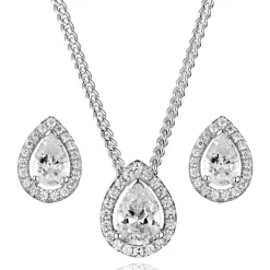 Beaverbrooks Silver Cubic Zirconia Pear Shaped Halo Pendant and Earrings Set
