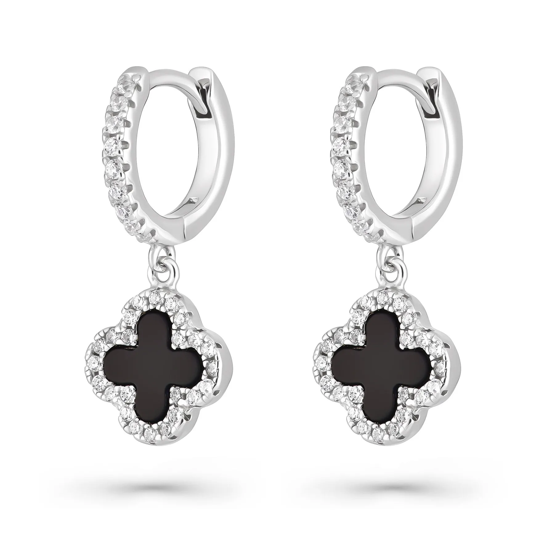 Beaverbrooks Silver Cubic Zirconia Onyx Clover Huggie Hoop Earrings
