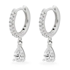 Beaverbrooks Silver Cubic Zirconia Pear Drop Huggie Hoop Earrings