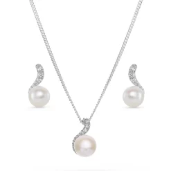 Beaverbrooks Silver Cubic Zirconia Freshwater Cultured Pearl Pendant and Earrings Set