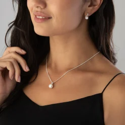 Beaverbrooks Silver Cubic Zirconia Freshwater Cultured Pearl Pendant and Earrings Set