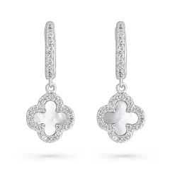 Beaverbrooks Silver Cubic Zirconia Mother of Pearl Clover Huggie Hoop Earrings