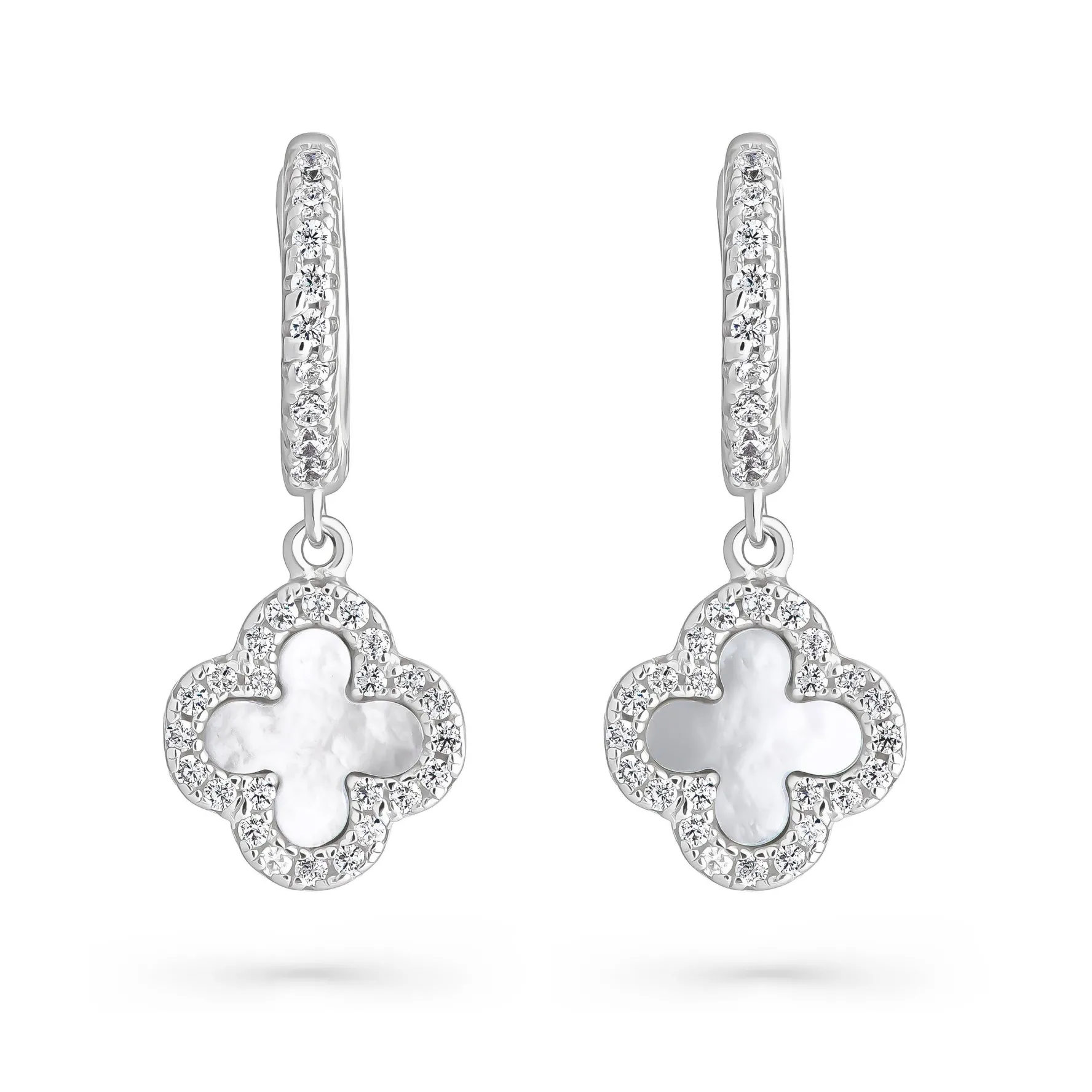 Beaverbrooks Silver Cubic Zirconia Mother of Pearl Clover Huggie Hoop Earrings