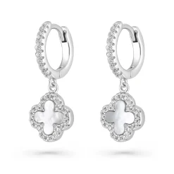 Beaverbrooks Silver Cubic Zirconia Mother of Pearl Clover Huggie Hoop Earrings