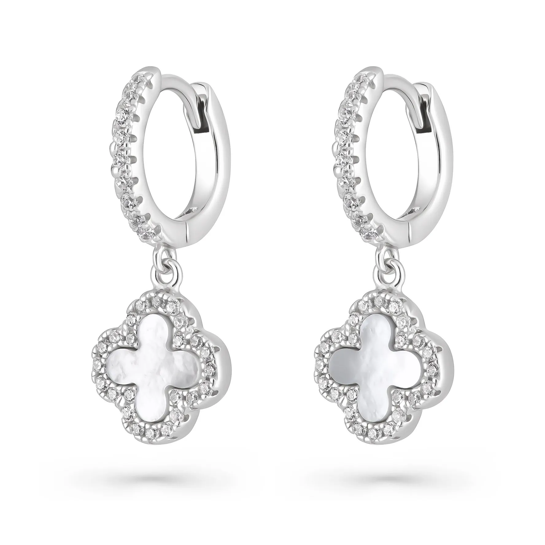 Beaverbrooks Silver Cubic Zirconia Mother of Pearl Clover Huggie Hoop Earrings