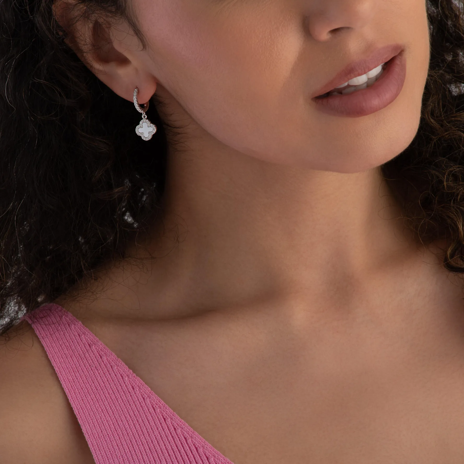 Beaverbrooks Silver Cubic Zirconia Mother of Pearl Clover Huggie Hoop Earrings