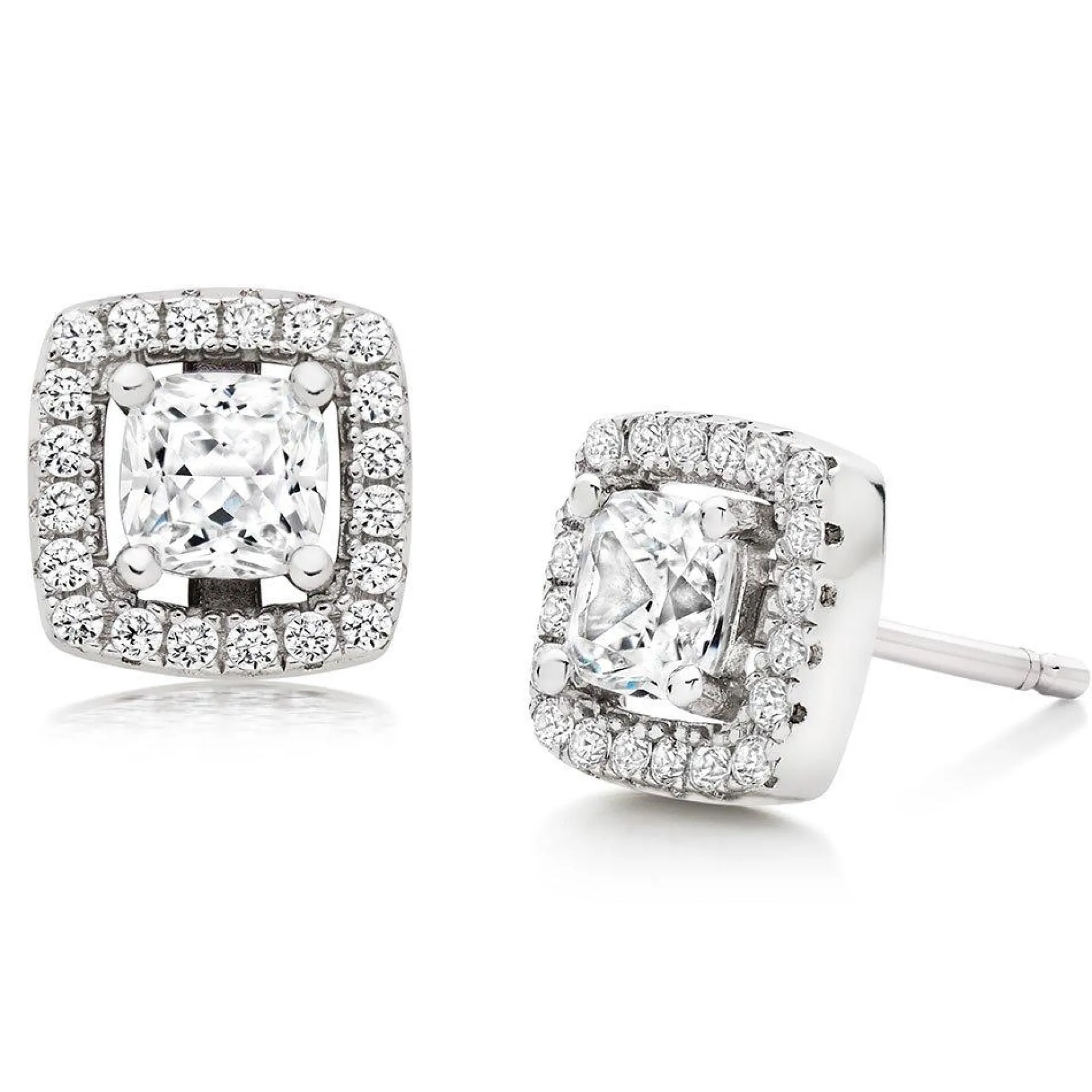 Beaverbrooks Silver Cubic Zirconia Princess Cut Halo Stud Earrings