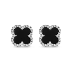 Beaverbrooks Silver Cubic Zirconia Onyx Clover Earrings