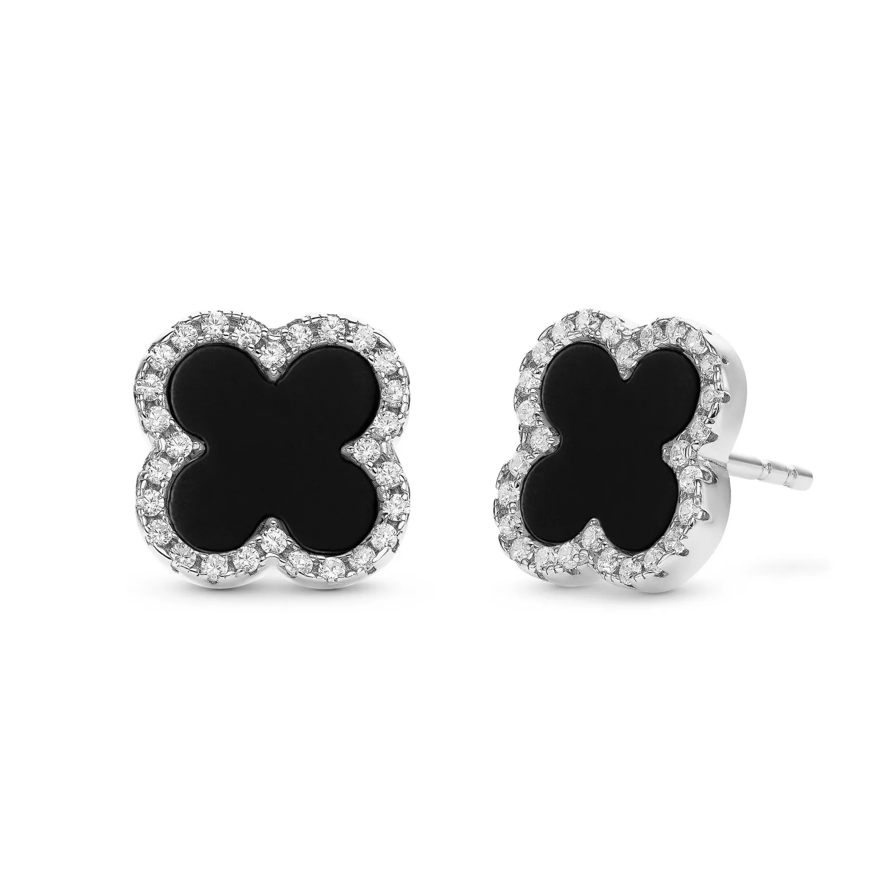 Beaverbrooks Silver Cubic Zirconia Onyx Clover Earrings