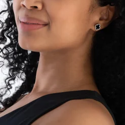 Beaverbrooks Silver Cubic Zirconia Onyx Clover Earrings