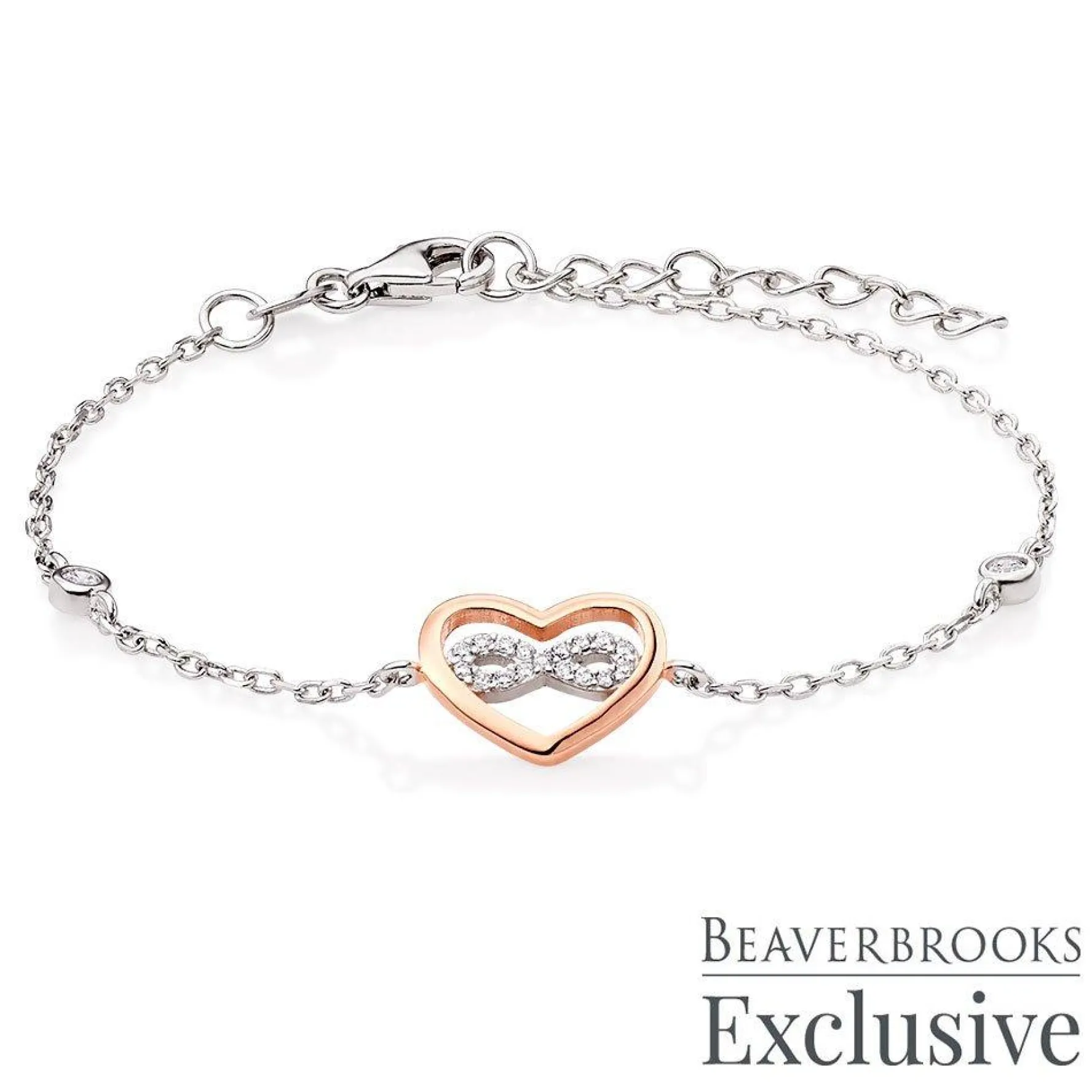 Beaverbrooks Silver Rose Gold Plated Cubic Zirconia Infinity Heart Bracelet