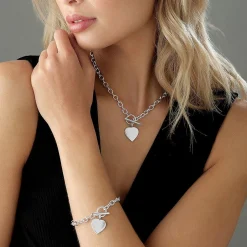 Beaverbrooks Silver T-Bar Heart Necklace and Bracelet Set