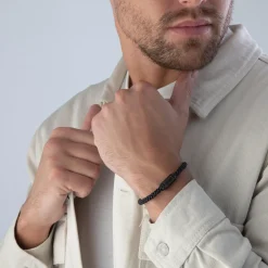 Beaverbrooks Stainless Steel Black Leather Plait Men's Bracelet