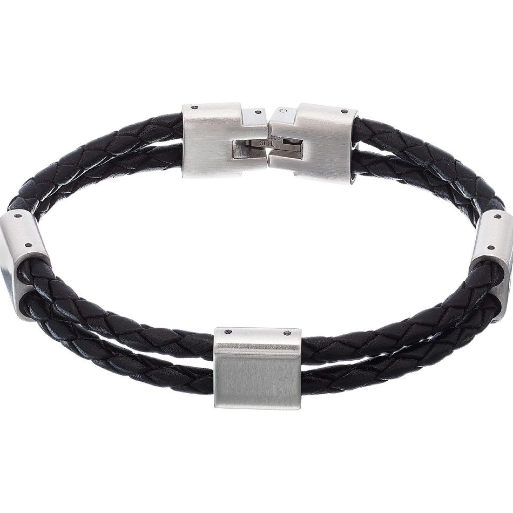 Beaverbrooks Steel and Black Leather Men's Bracelet