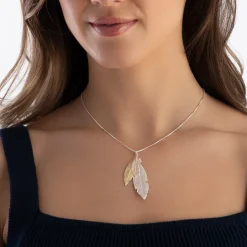 Beaverbrooks Three Colour Silver and Gold Plated Feather Necklace