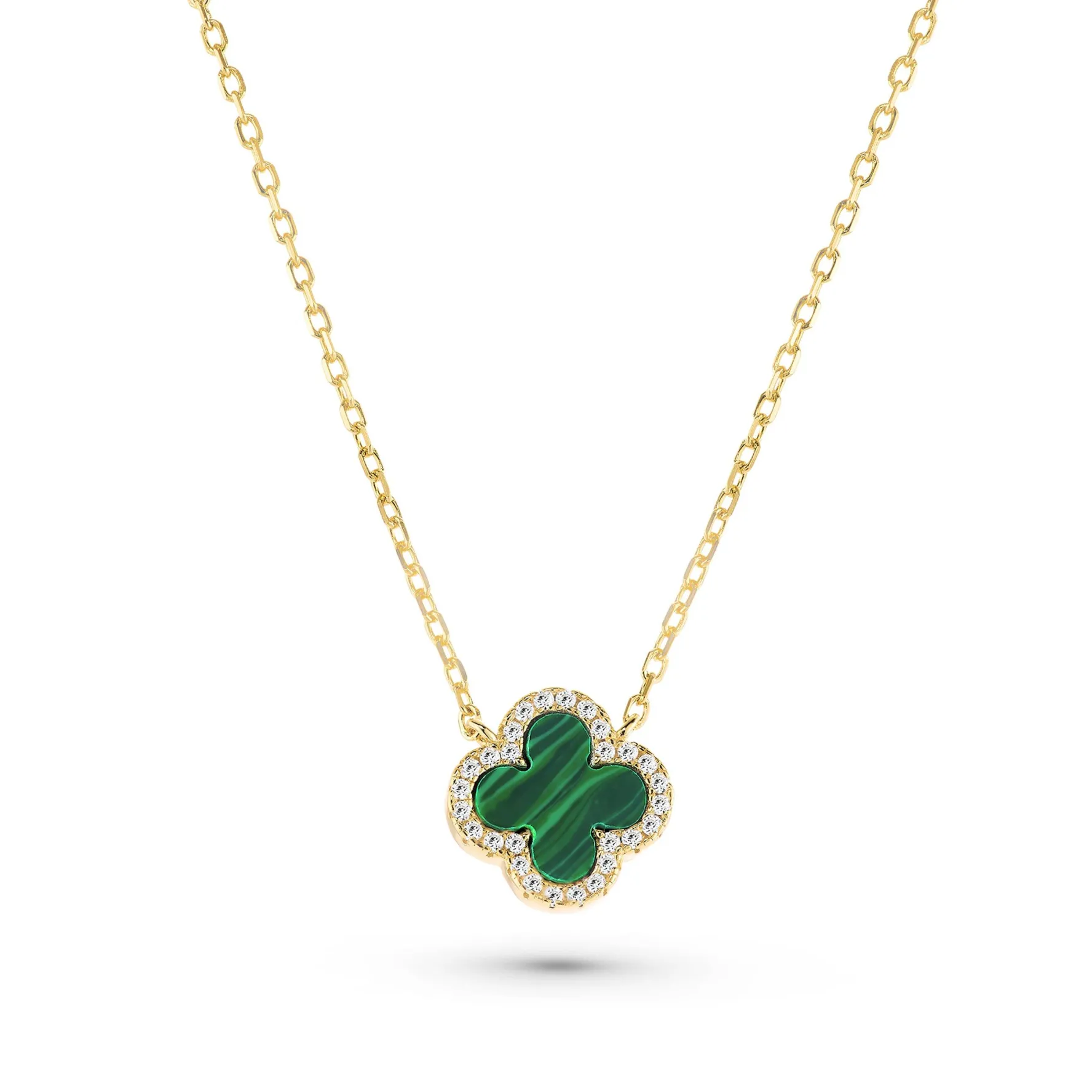 Beaverbrooks Yellow Gold Plated Cubic Zirconia Malachite Clover Necklace