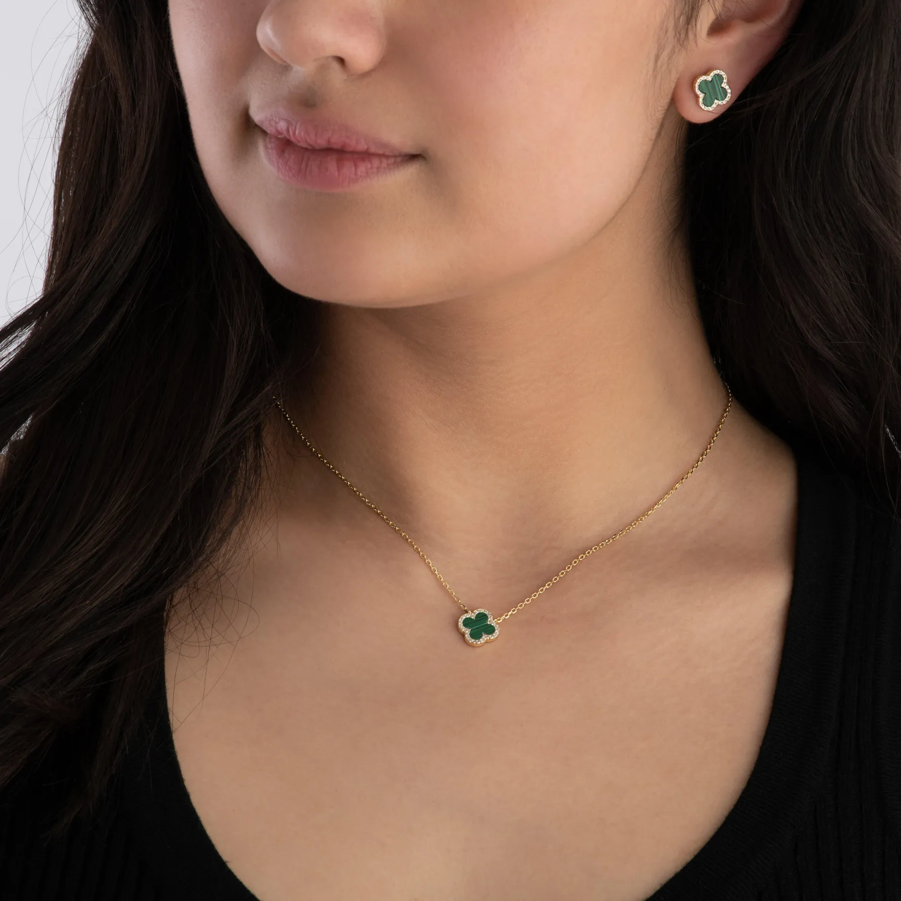 Beaverbrooks Yellow Gold Plated Cubic Zirconia Malachite Clover Necklace