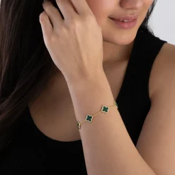 Beaverbrooks Yellow Gold Plated Cubic Zirconia Malachite Clover Bracelet