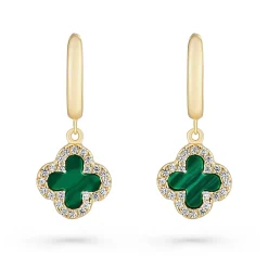 Beaverbrooks Yellow Gold Plated Cubic Zirconia Malachite Clover Huggie Hoop Earrings