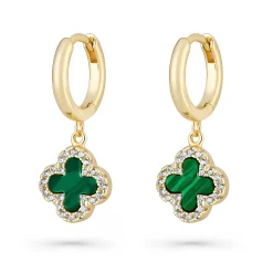 Beaverbrooks Yellow Gold Plated Cubic Zirconia Malachite Clover Huggie Hoop Earrings
