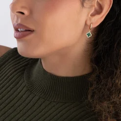 Beaverbrooks Yellow Gold Plated Cubic Zirconia Malachite Clover Huggie Hoop Earrings