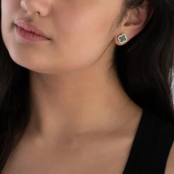 Beaverbrooks Yellow Gold Plated Cubic Zirconia Malachite Clover Stud Earrings