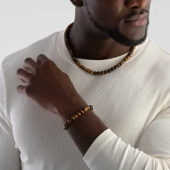 BOSS Devon Yellow Gold Plated Tiger’s Eye Men’s Bracelet