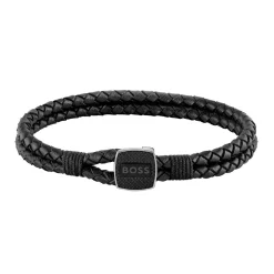 BOSS Seal Black Leather Men's Bracelet