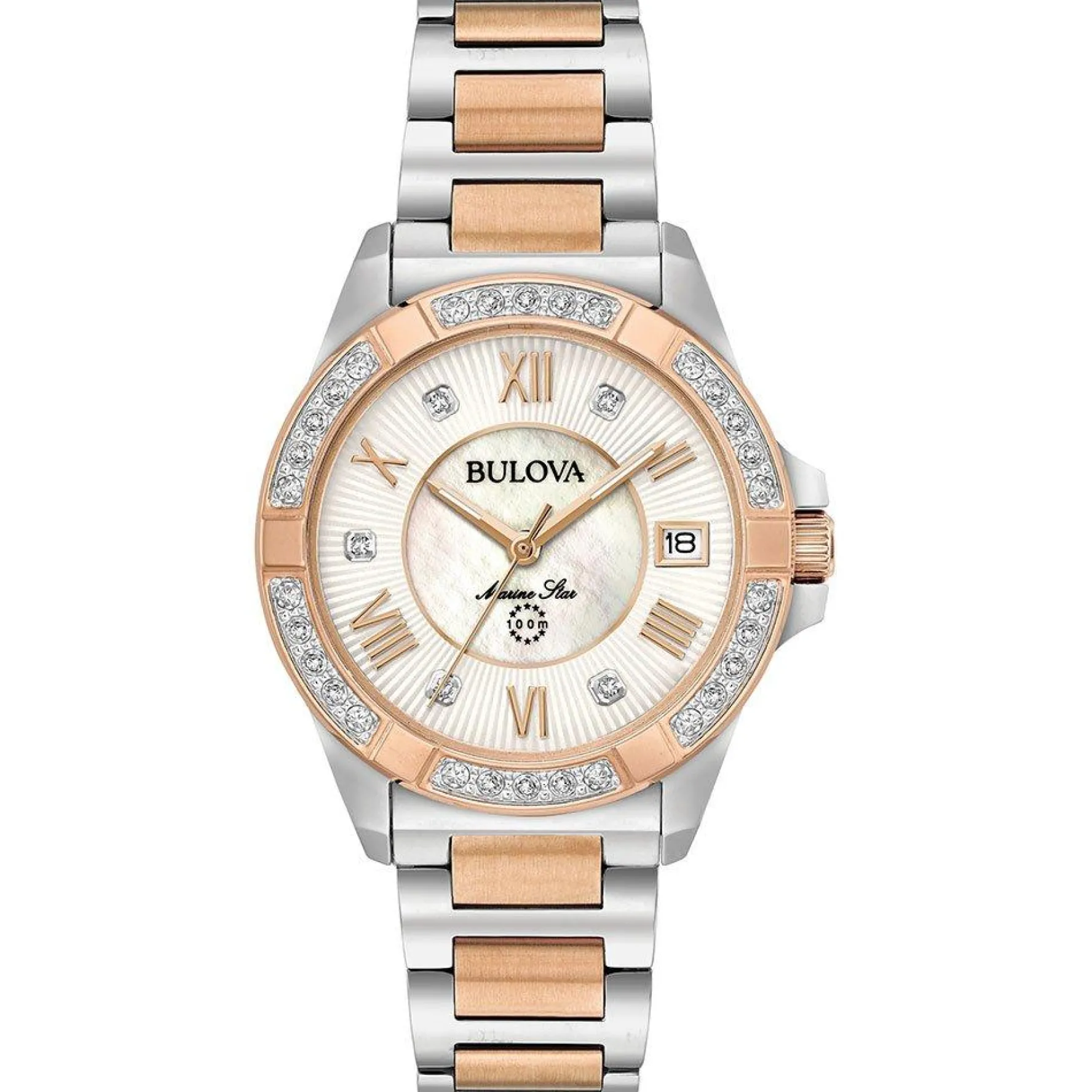 Bulova Marine Star 32mm Rose Gold Plated Diamond Ladies Watch