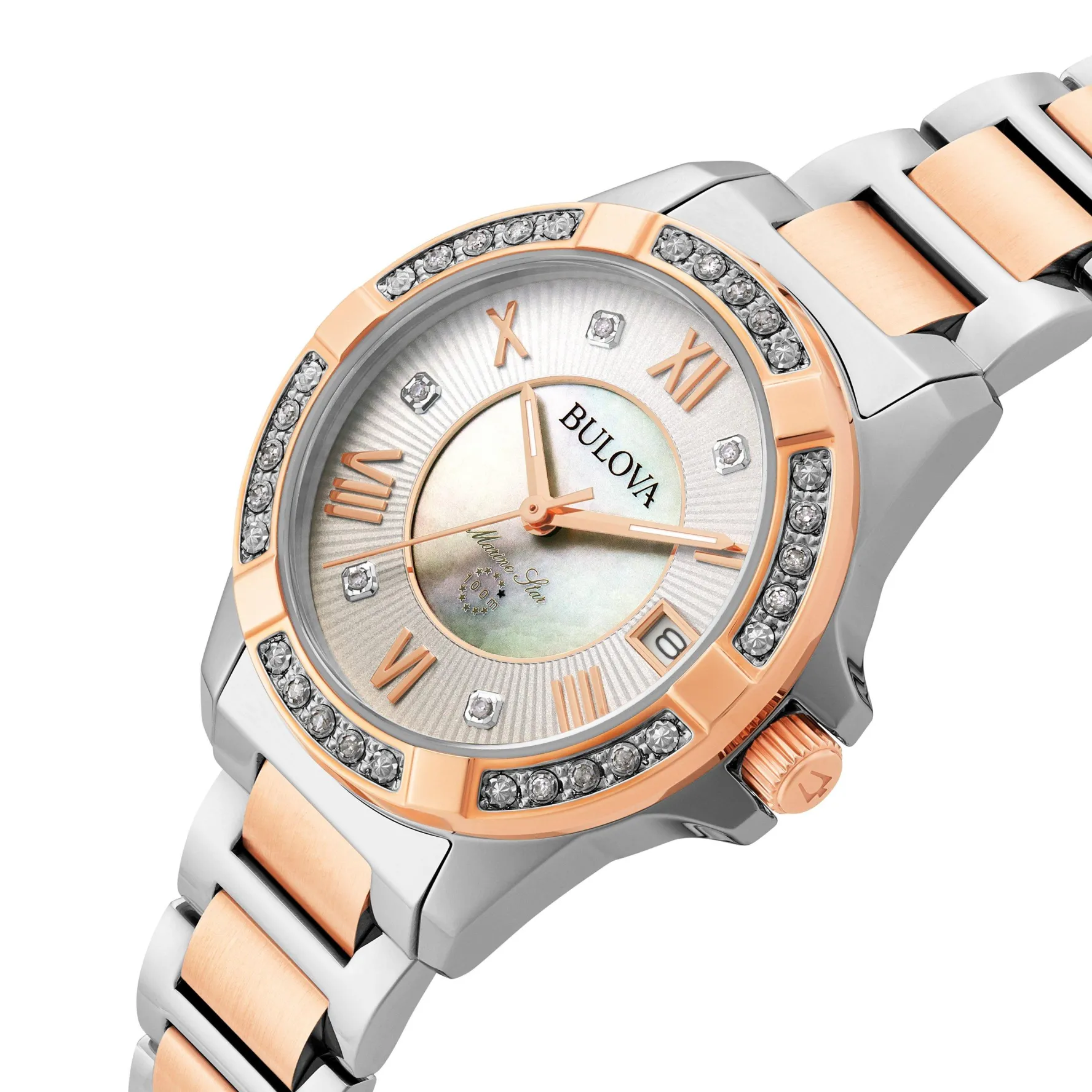 Bulova Marine Star 32mm Rose Gold Plated Diamond Ladies Watch