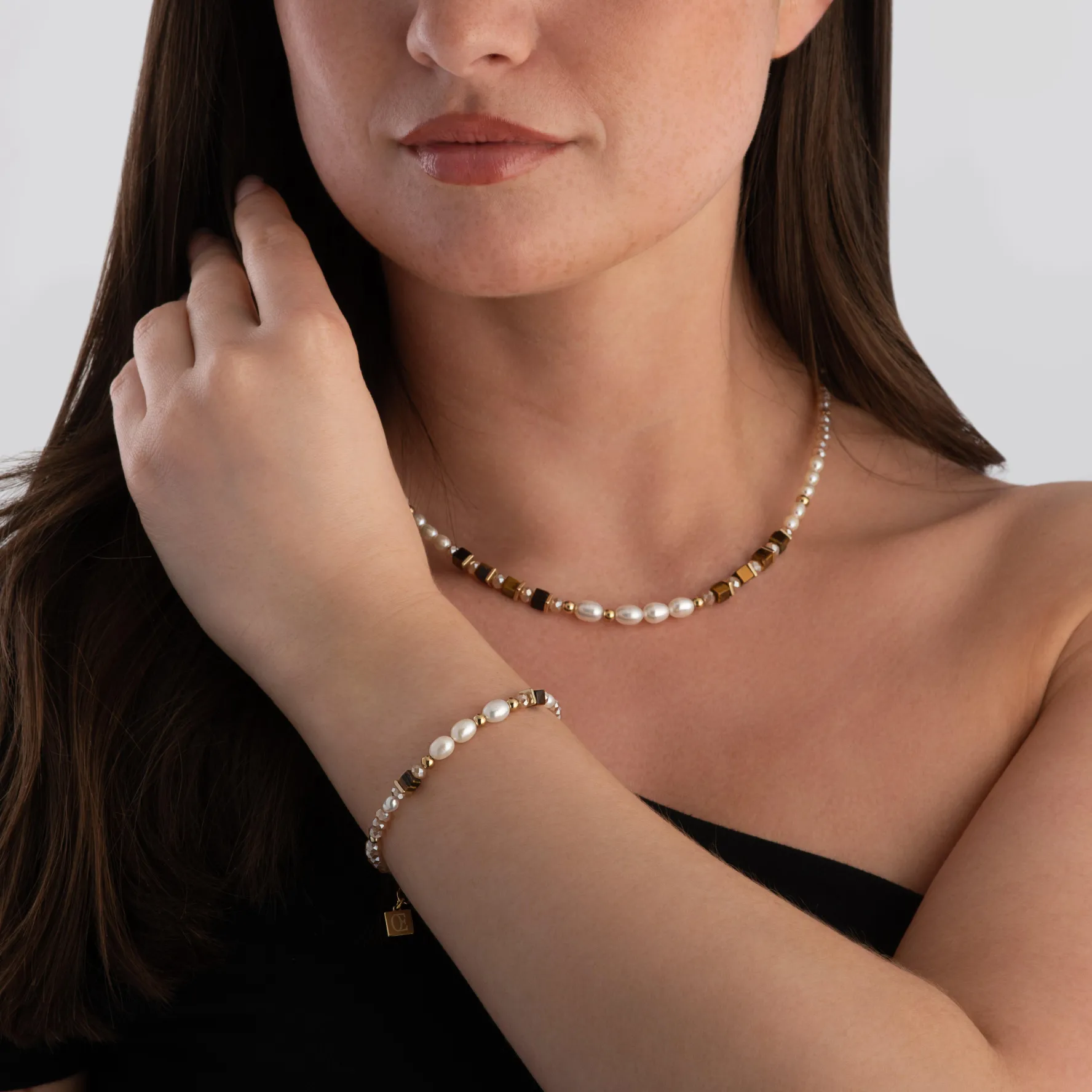 Coeur De Lion Yellow Gold Tone Pearl and Tiger’s Eye Necklace