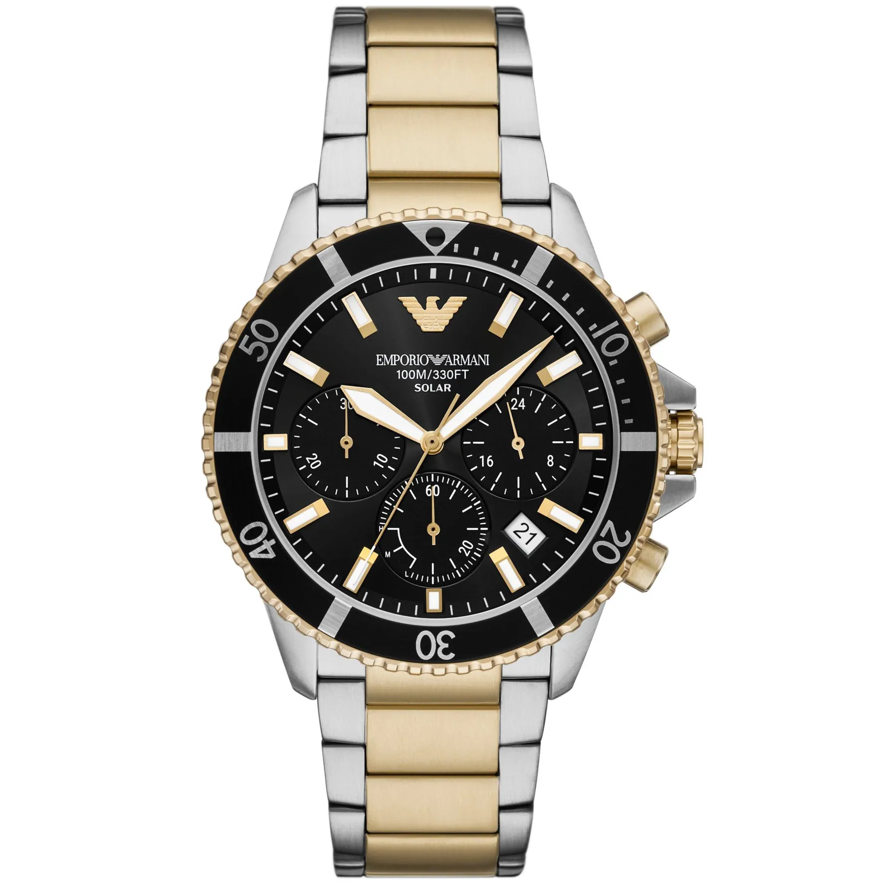 Emporio Armani World Explorer Solar 43.5mm Stainless Steel and Yellow Gold Tone Chronograph Men’s Watch