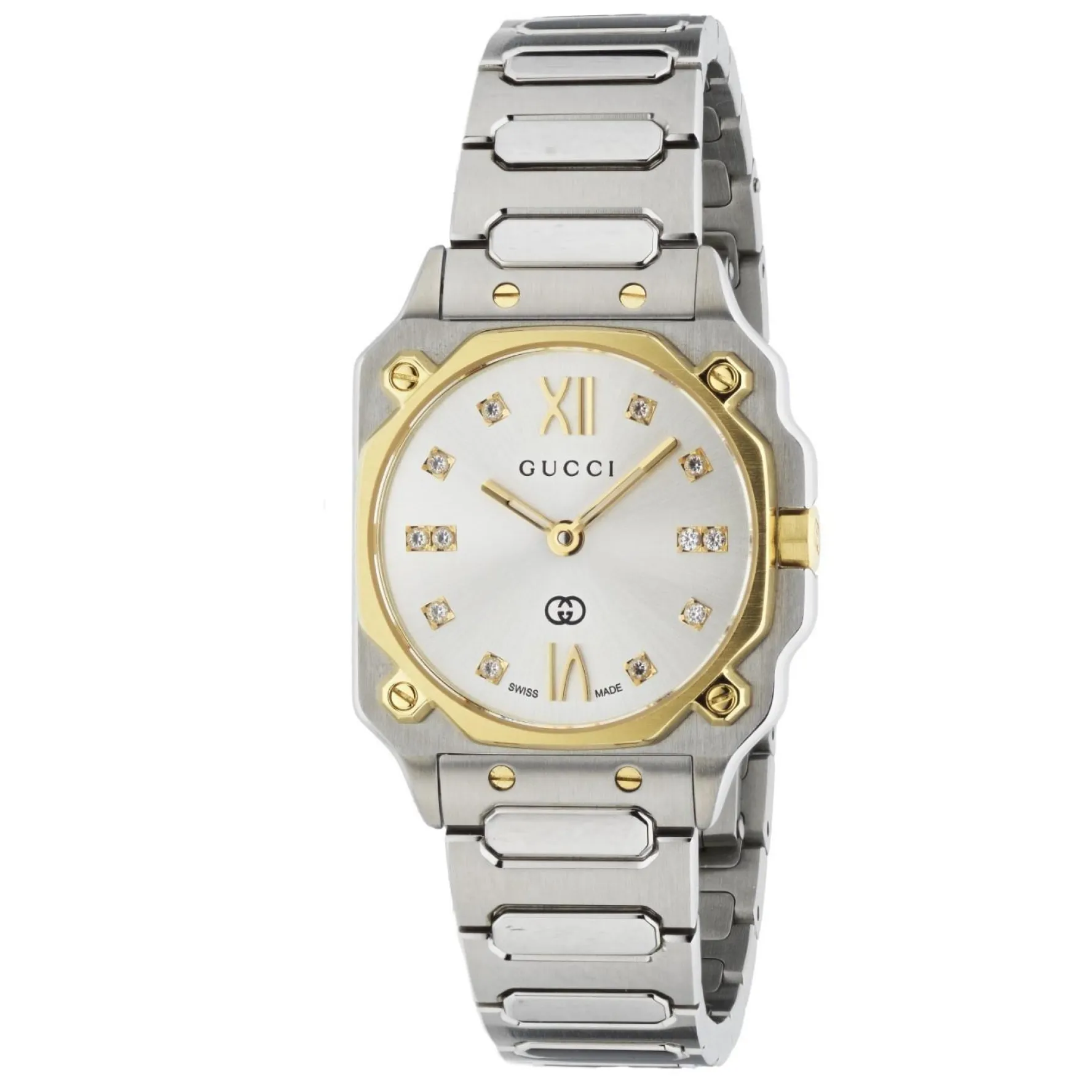Gucci G-Flat 24mm Stainless Steel and Yellow Gold Plated Diamond Ladies Watch