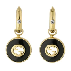 Gucci Interlocking 18ct Yellow Gold Diamond Onyx Drop Earrings