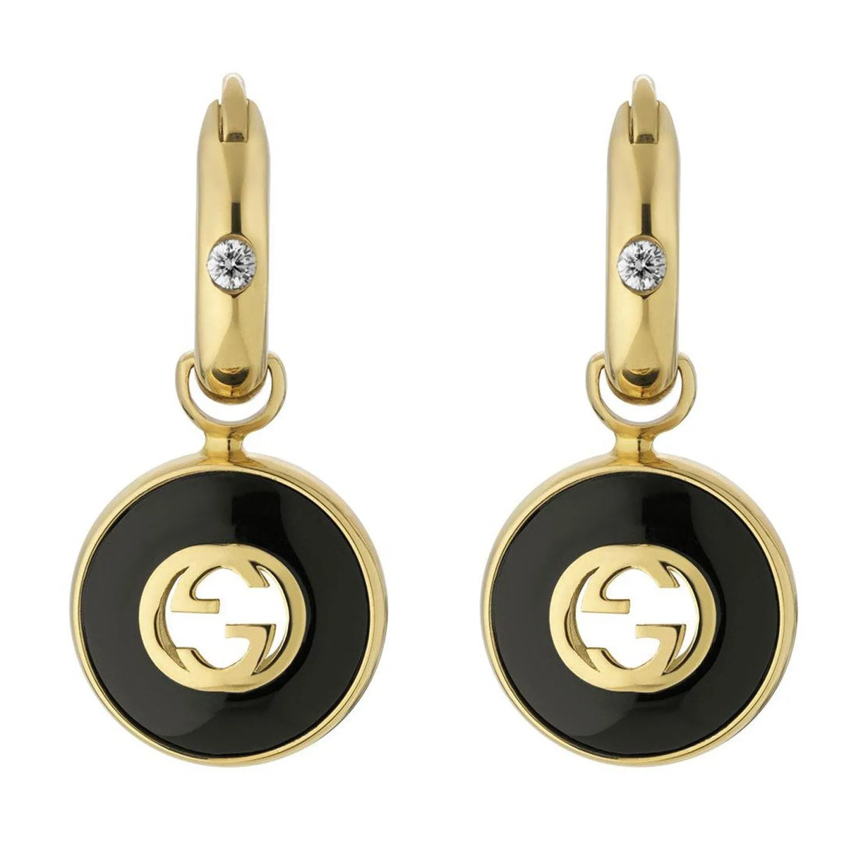 Gucci Interlocking 18ct Yellow Gold Diamond Onyx Drop Earrings