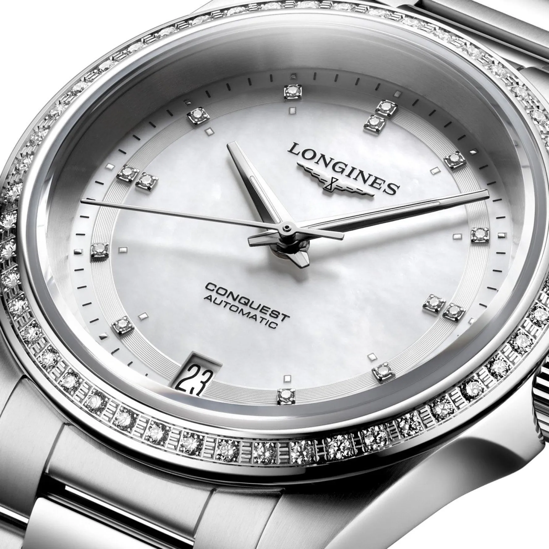Longines Conquest 34mm Diamond Mother of Pearl Automatic Ladies Watch