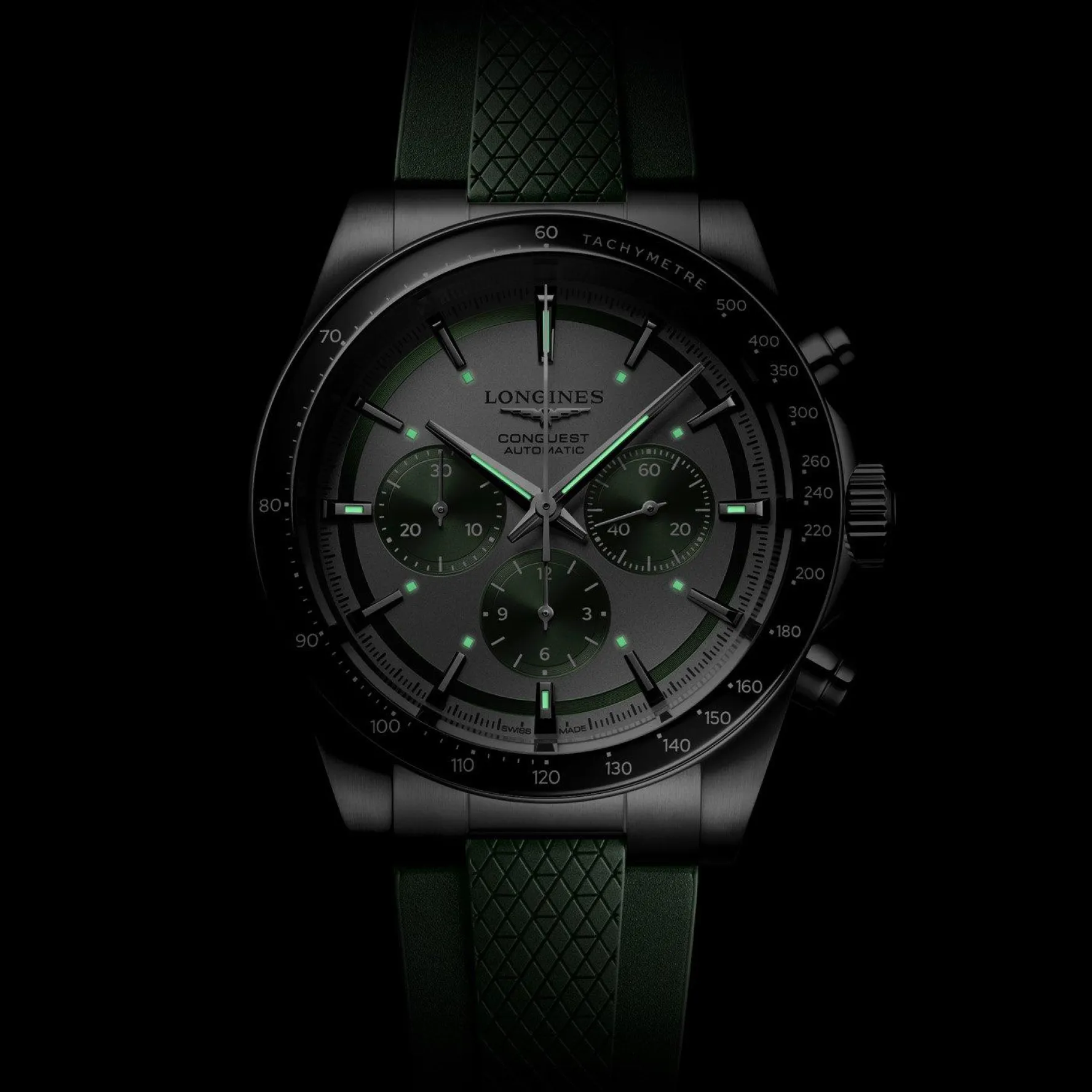 Longines Conquest 42mm Green rubber Strap Chronograph Automatic Men’s Watch