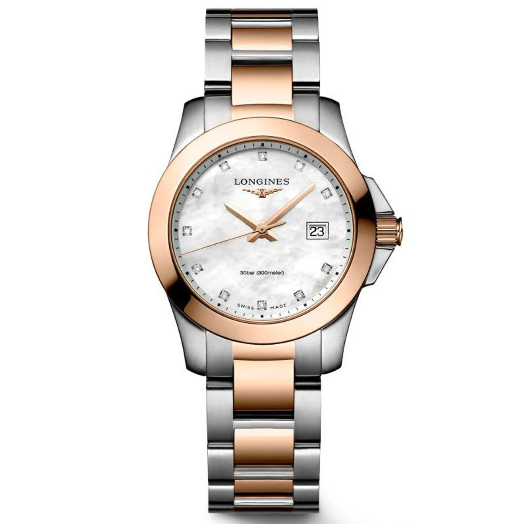 Longines Conquest 29.5mm Stainless Steel and Rose Gold PVD Diamond Ladies Watch