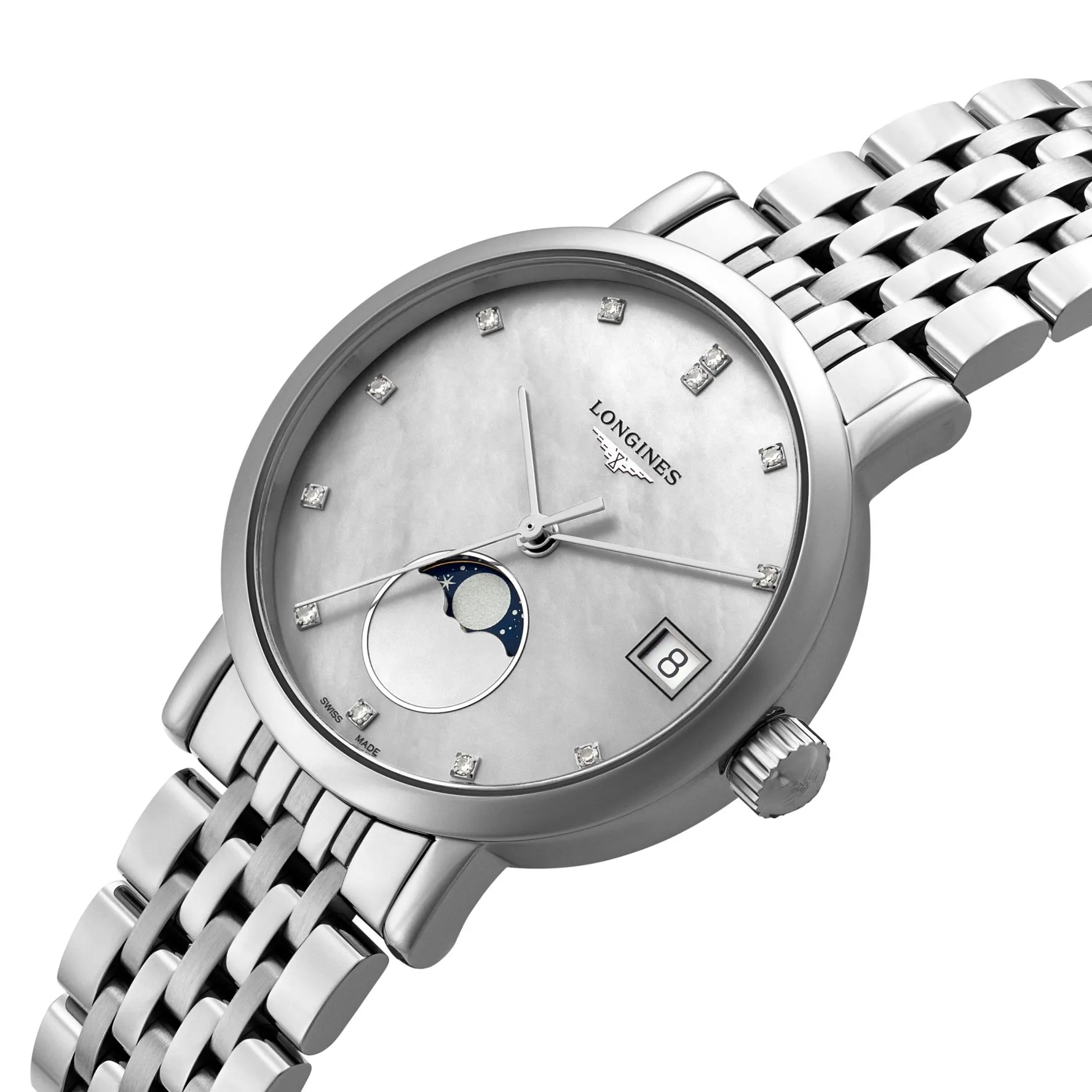 Longines Elegant Collection 30mm Diamond Mother of Pearl Moonphase Ladies Watch