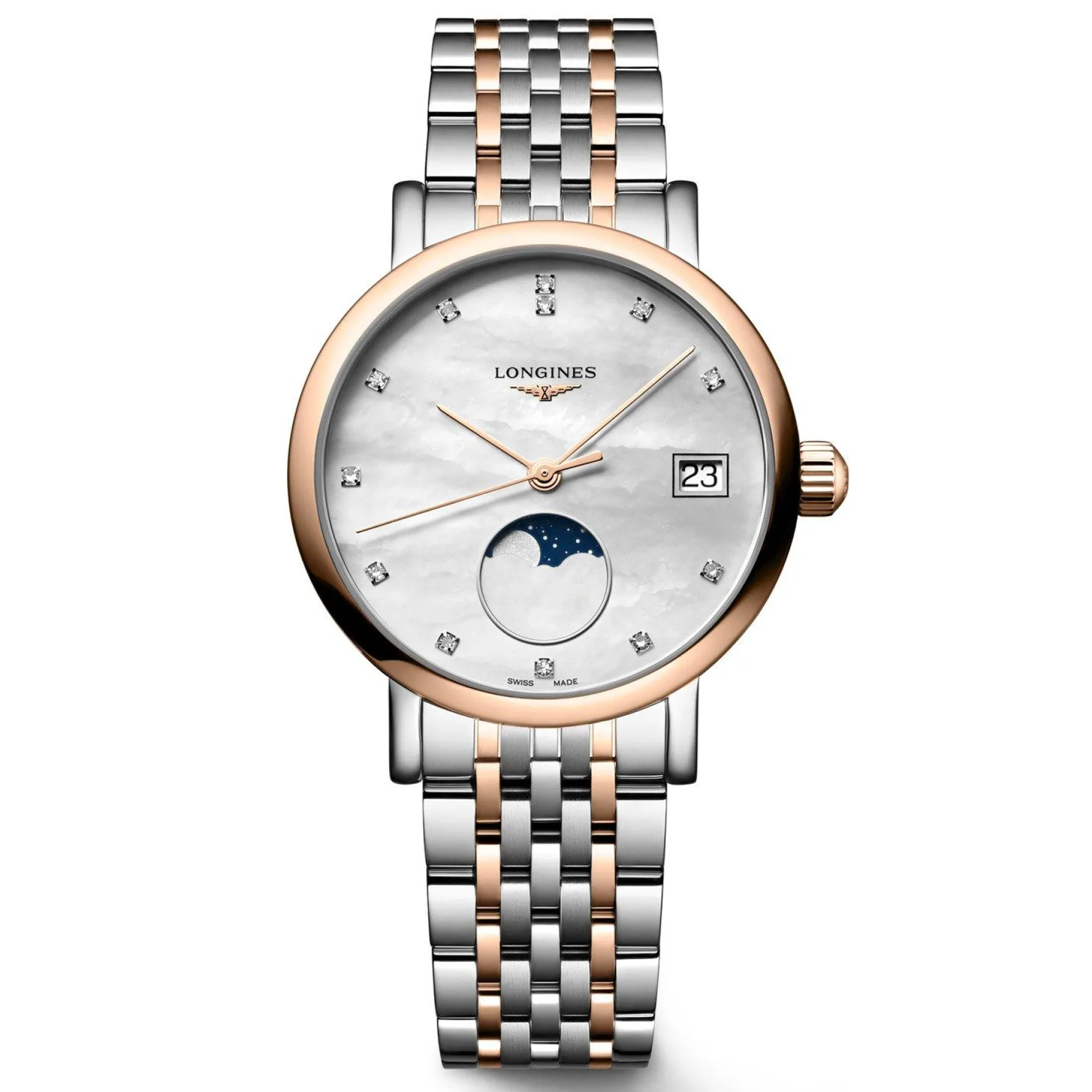 Longines Elegant Collection 30mm Stainless Steel and 18ct Rose Gold Diamond Ladies Watch