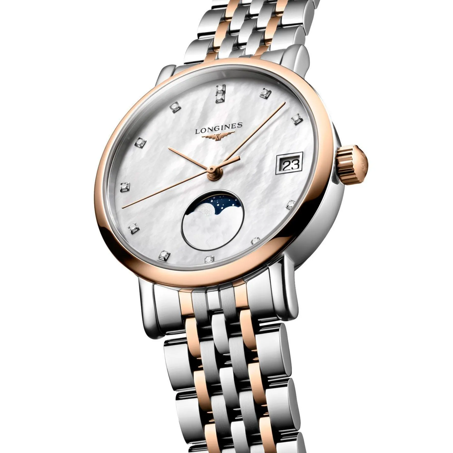 Longines Elegant Collection 30mm Stainless Steel and 18ct Rose Gold Diamond Ladies Watch