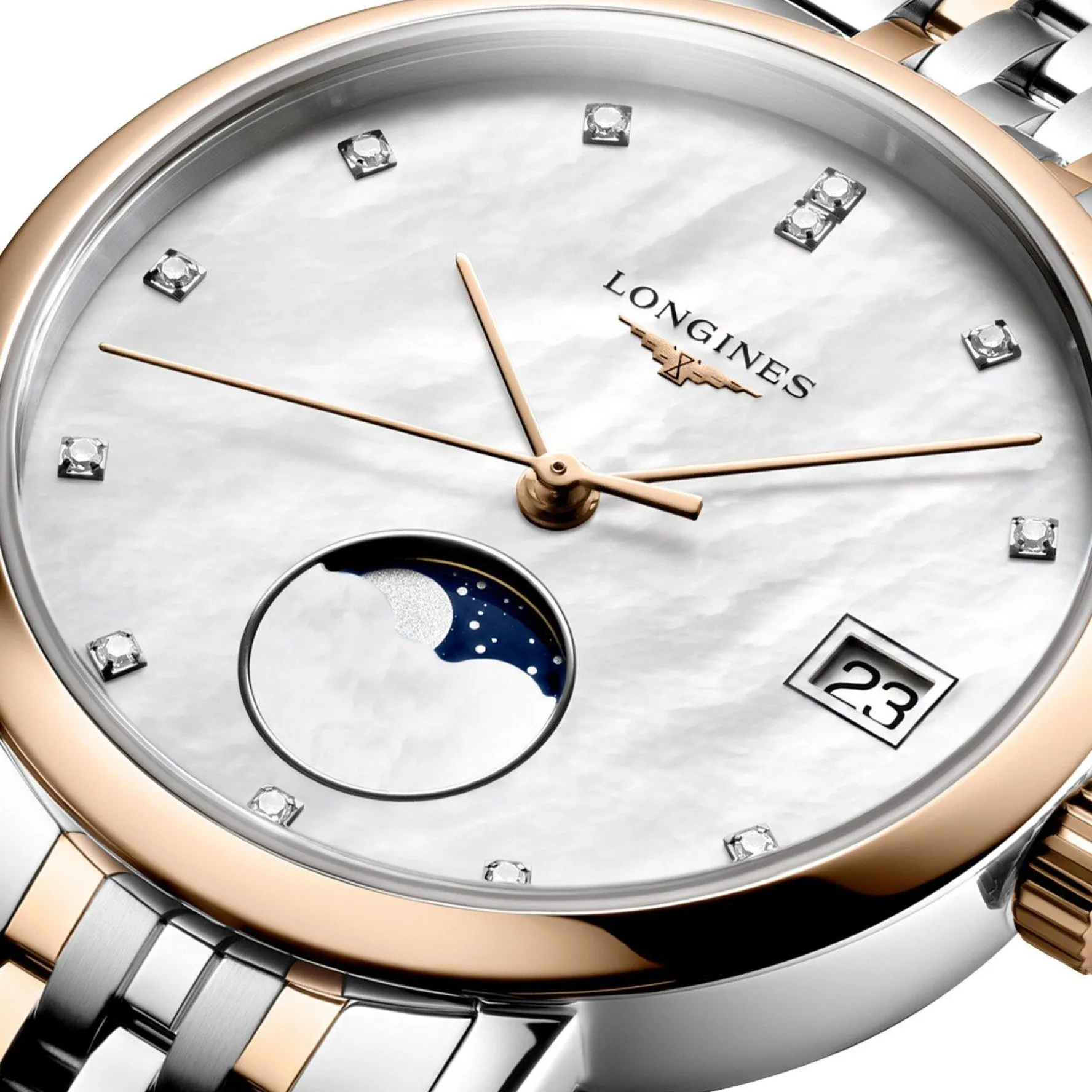 Longines Elegant Collection 30mm Stainless Steel and 18ct Rose Gold Diamond Ladies Watch