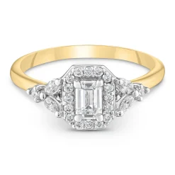 Maple Leaf Diamonds 18ct yellow Gold Diamond Emerald Cut Halo Engagement Ring